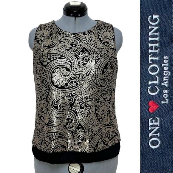One Clothing Gold Sequin Sleeveless Blouse Key Hole Back Sheer Lining Top Sz: L - Picture 1 of 8